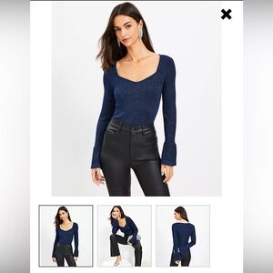 NWT blue Shimmer Ribbed Sweetheart Neck Flare Cuff Sweater